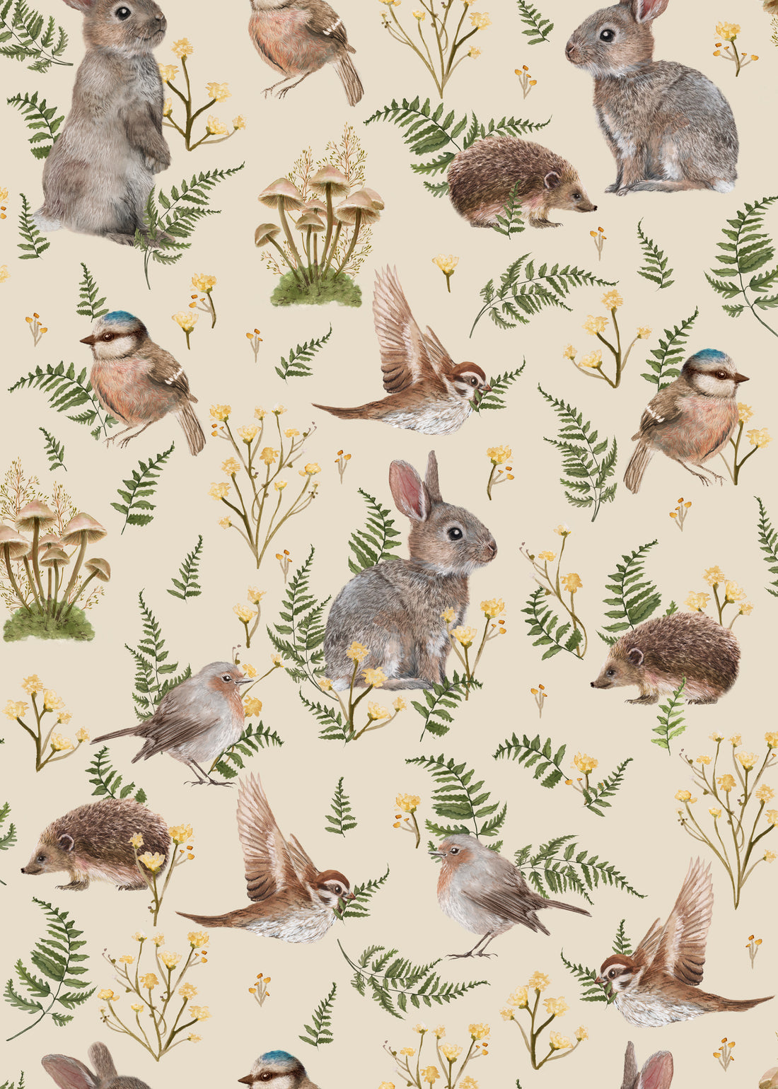 Summer Gray Birds & Bunnies Wallpaper Birds and Bunnies Ecru - Hola BB